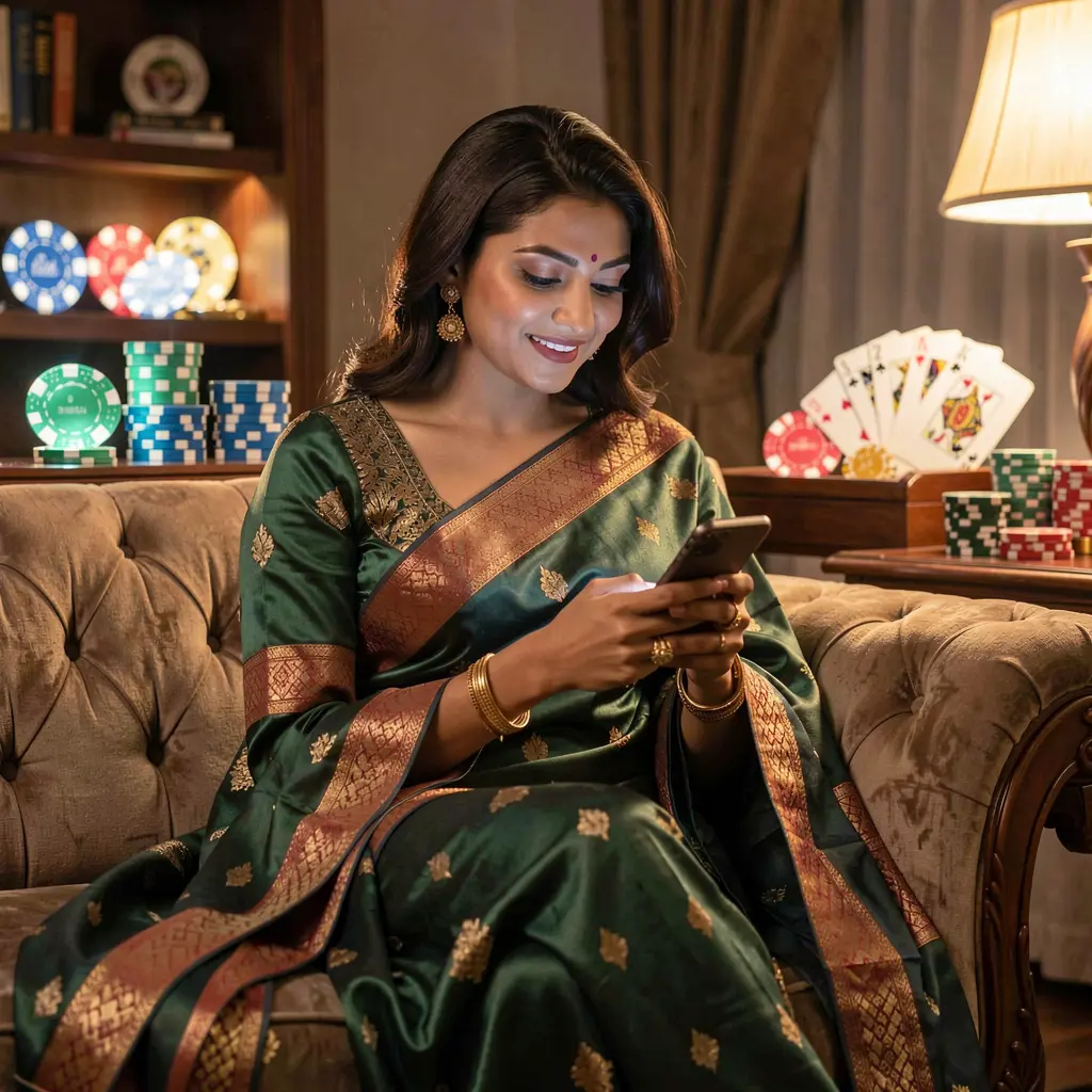 Elegant Bangladeshi woman relaxing on a sofa while using the 31OK casino app with glowing chips and cards creating a premium gaming mood