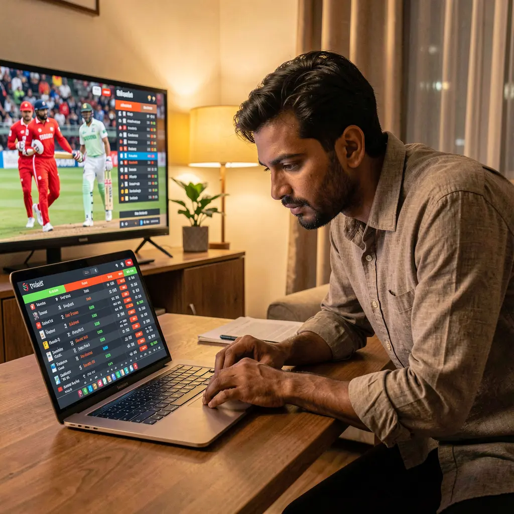 Confident Bangladeshi bettor reviewing live cricket odds and statistics on a laptop with TV highlights behind using the 31OK betting platform