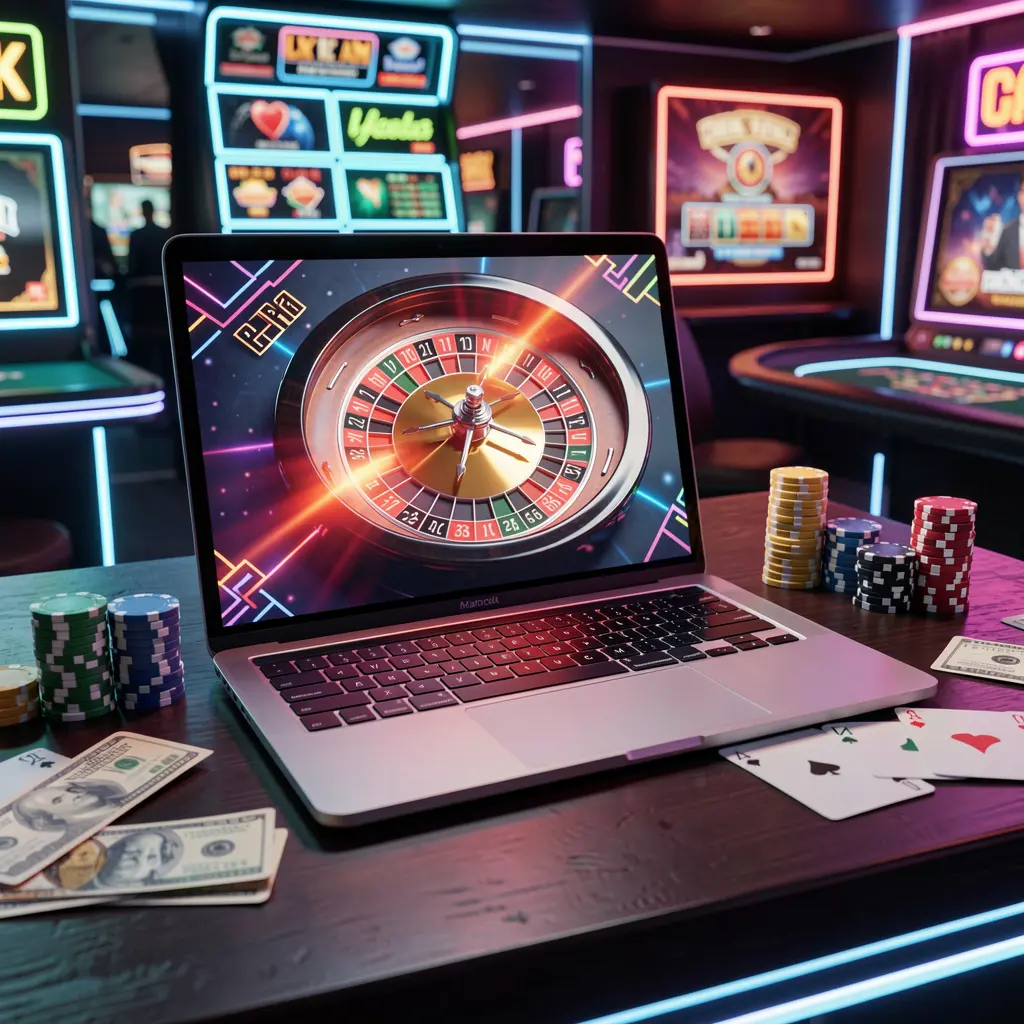 Vibrant online roulette scene on a laptop with stacked chips and glowing casino visuals representing high energy gaming at 31OK Casino in Bangladesh