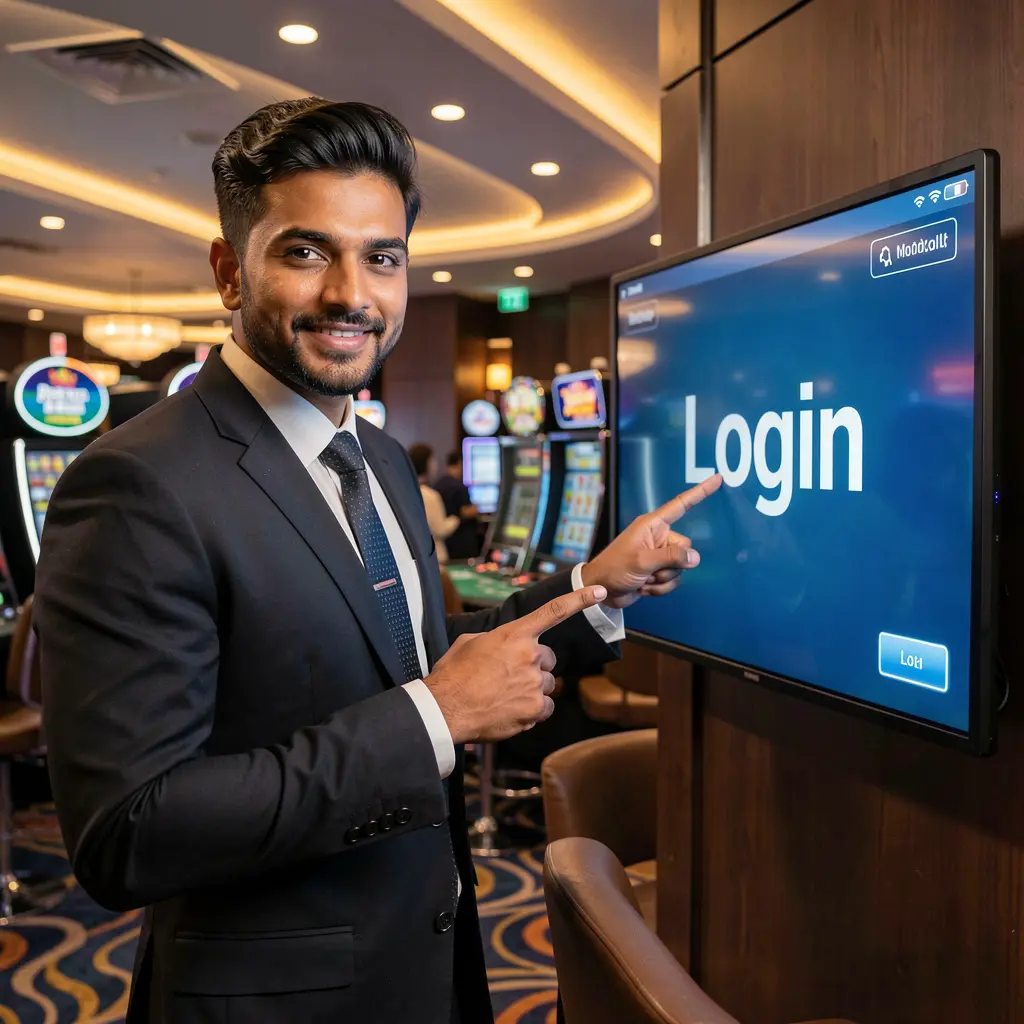 Elegant Bangladeshi casino dealer pointing at a glowing login screen inside a modern 31OK casino environment